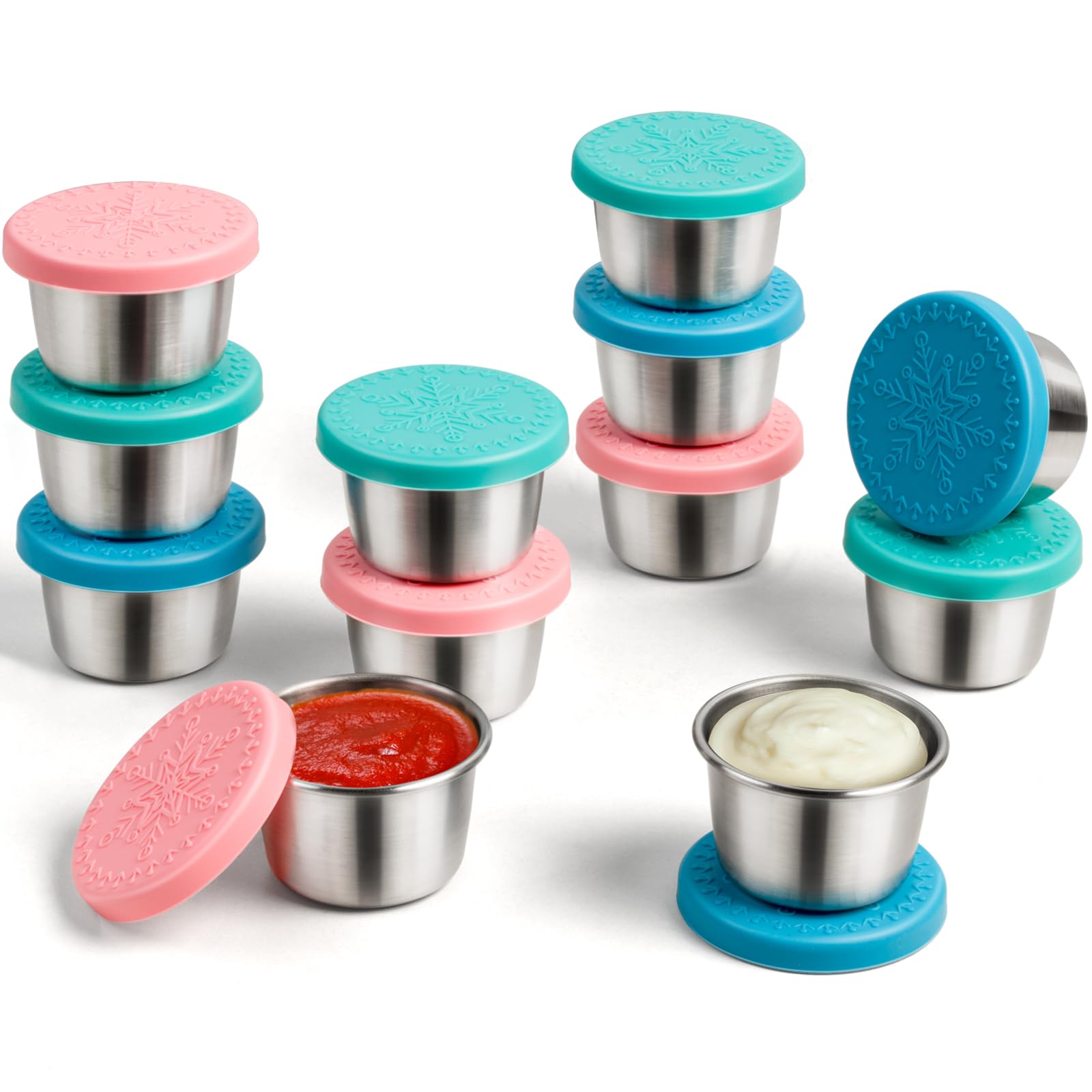 Freshmage [12 Pack 2.4oz Stainless Steel Dressing Container with Silicone Lids, Reusable Leakproof Condiment Containers Small Sauce Container Sets