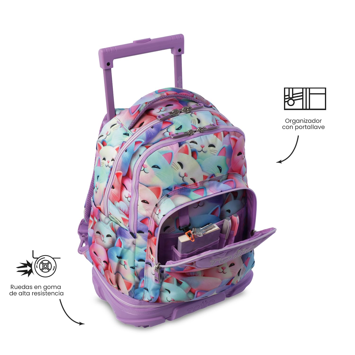 TOTTO - Mochila Escolar con Ruedas Desmontables, Modelo Tiza, Capacidad 26 L, Mochila PC 15.4", Bolsillo Botella, Manija Telescópica, Espaldar Ergonómico y Correas en S, Estampado Mewsy 3D