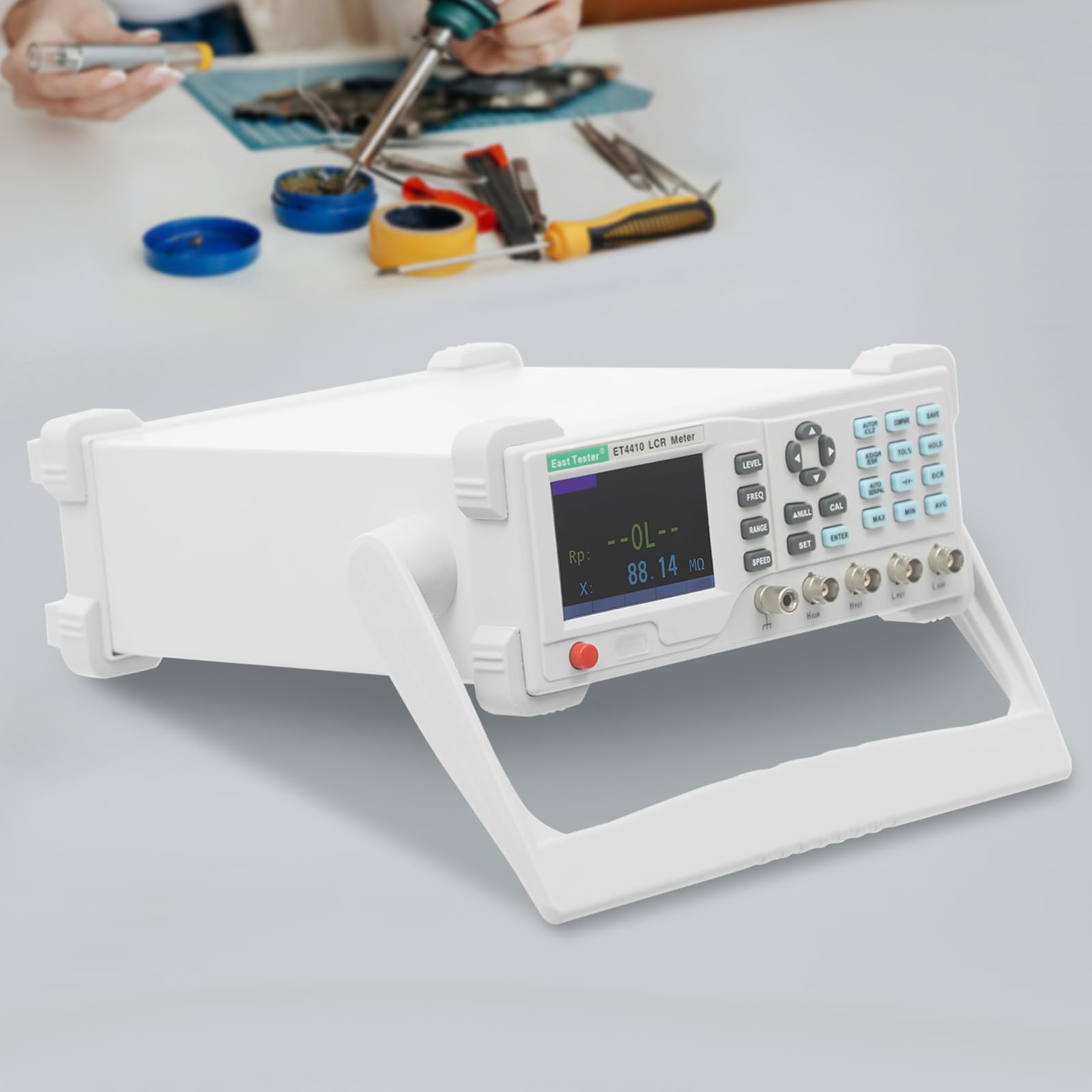 0,1% Genauigkeit Hochpräzises LCR-Messgerät Tisch mit 2 Prüfklemmen und LCD-Display, Multifunktionale Digitalmessgerät für Elektronische Bauteile (Induktivität, Kapazität, Widerstand)