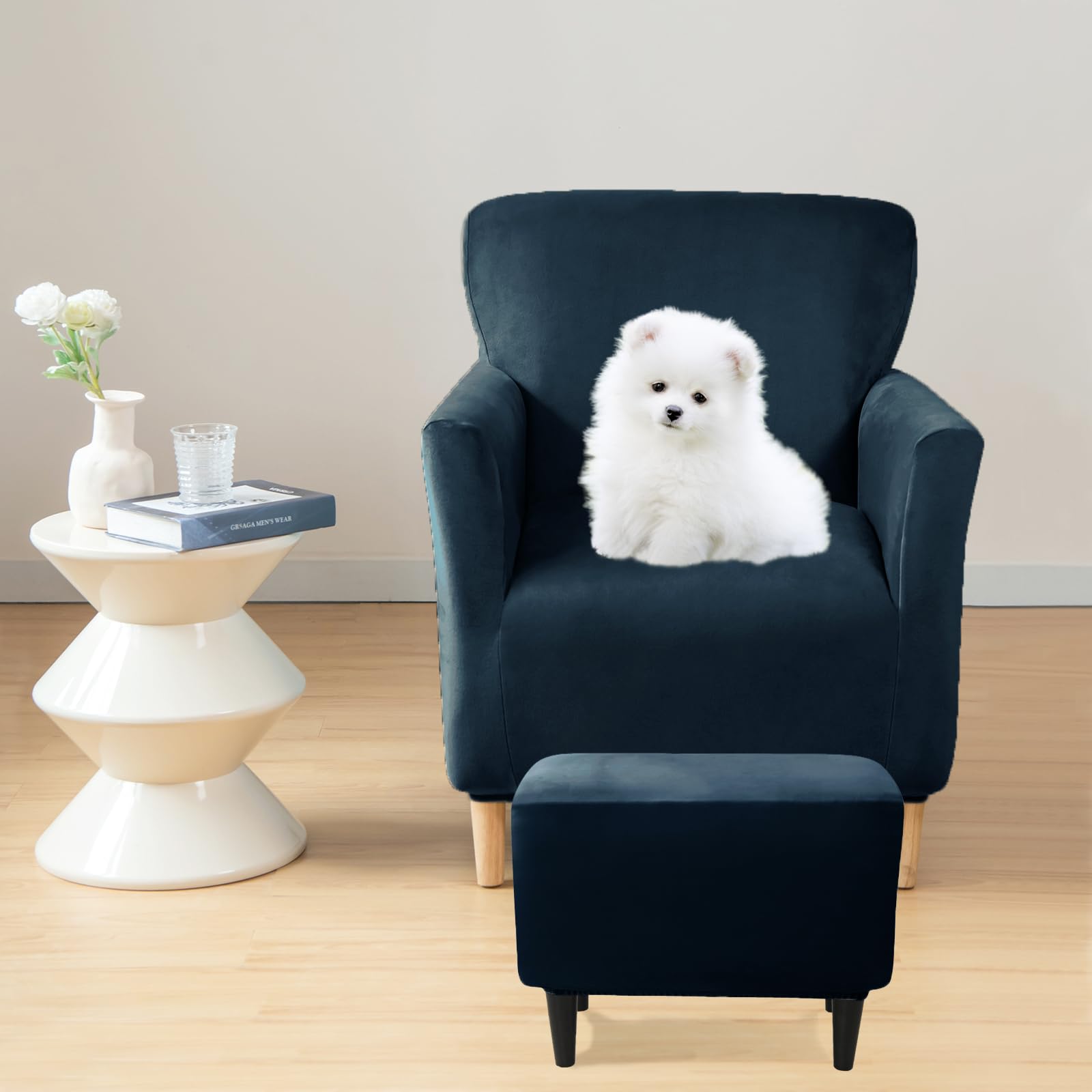 UNBBRRL Slipcover Set, Velvet Chair and Ottoman Cover, Banquet Armchair Covers for Living Room (Sapphire, Chair + Ottm)