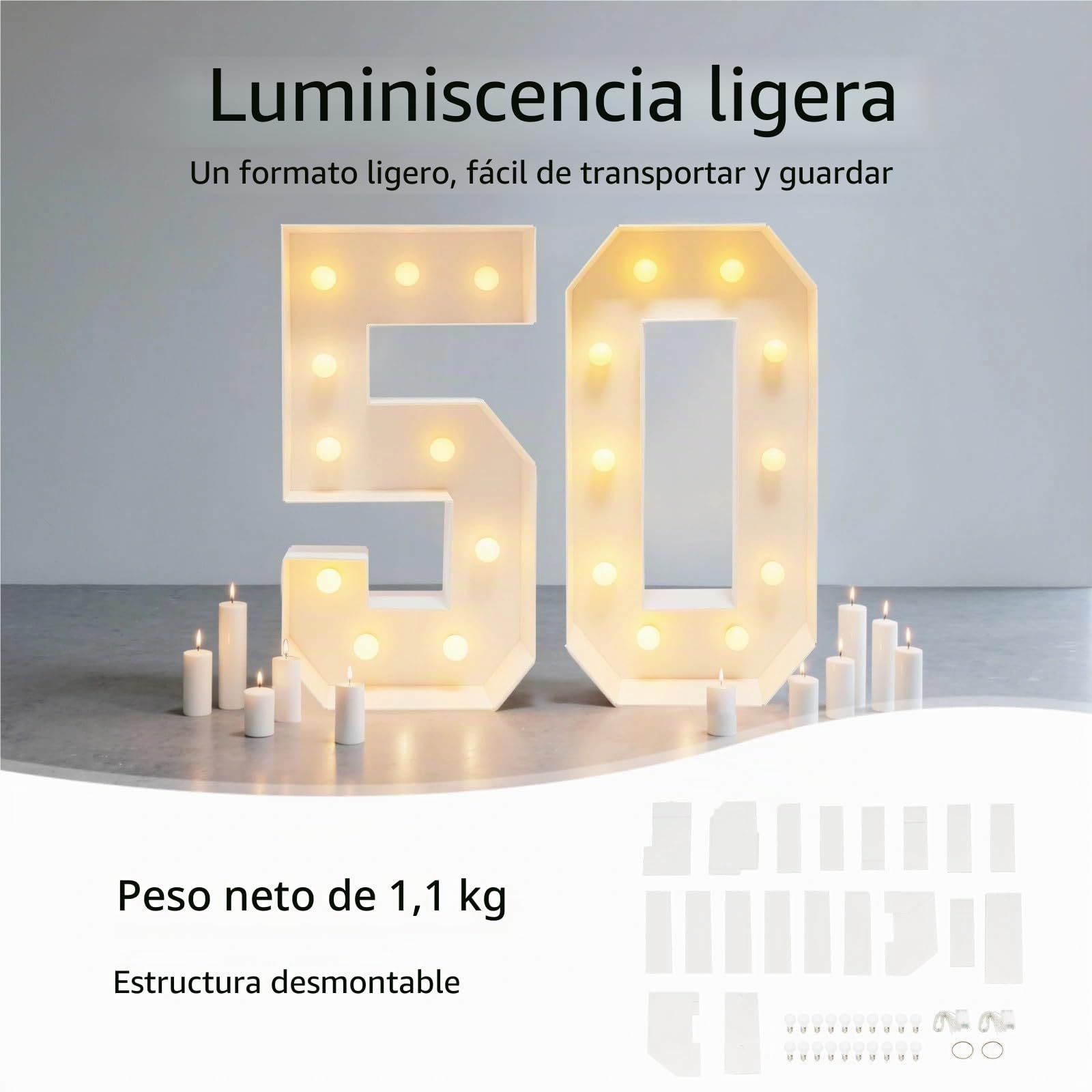 Figuras luminosas LED 2000-3000 K en altura 100 cm, decoración de cumpleaños 30/40/50, brillantes figuras gigantes para cumpleaños, boda, fiesta (50)