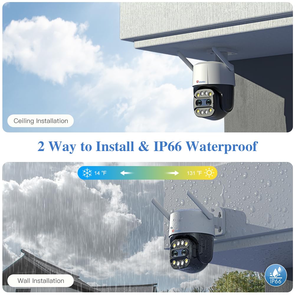 Ctronics Zoom Ibrido 6X Videocamera Wi-Fi Esterno con Doppio Obiettivo | Tracciamento Zoom Automatico Sorveglianza, Rilevamento Umano Visione Notturna a Colori Audio Bidirezionale IP66 (Bianco)