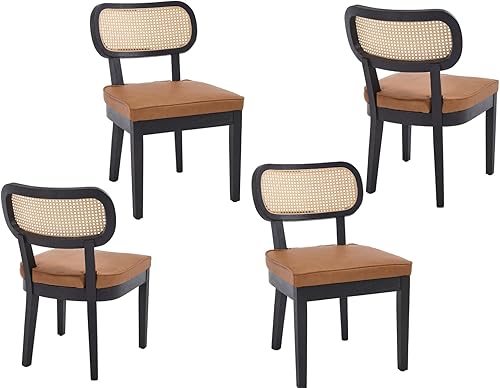 Miniatura 8 de Juego de 2 sillas de comedor de ratán de granja, sillas modernas de madera para cocina y comedor con respaldo de caña, cómodo asiento tapizado de