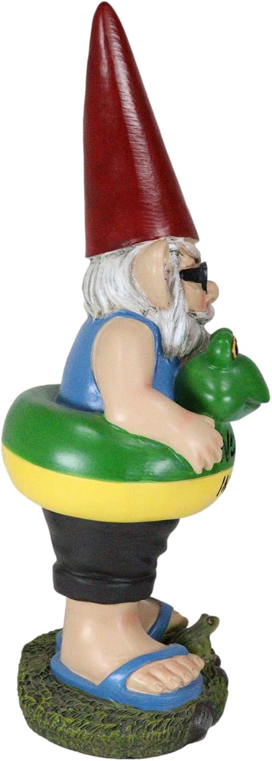Ebros Gift No Peeing in The Pool Sign Whimsical Lifeguard Vacation Gnome with Sandals Shades and Round Float Tube Statue Gnomes Patio Garden Poolside Baywatch Beach Coastal Decor Sculpture