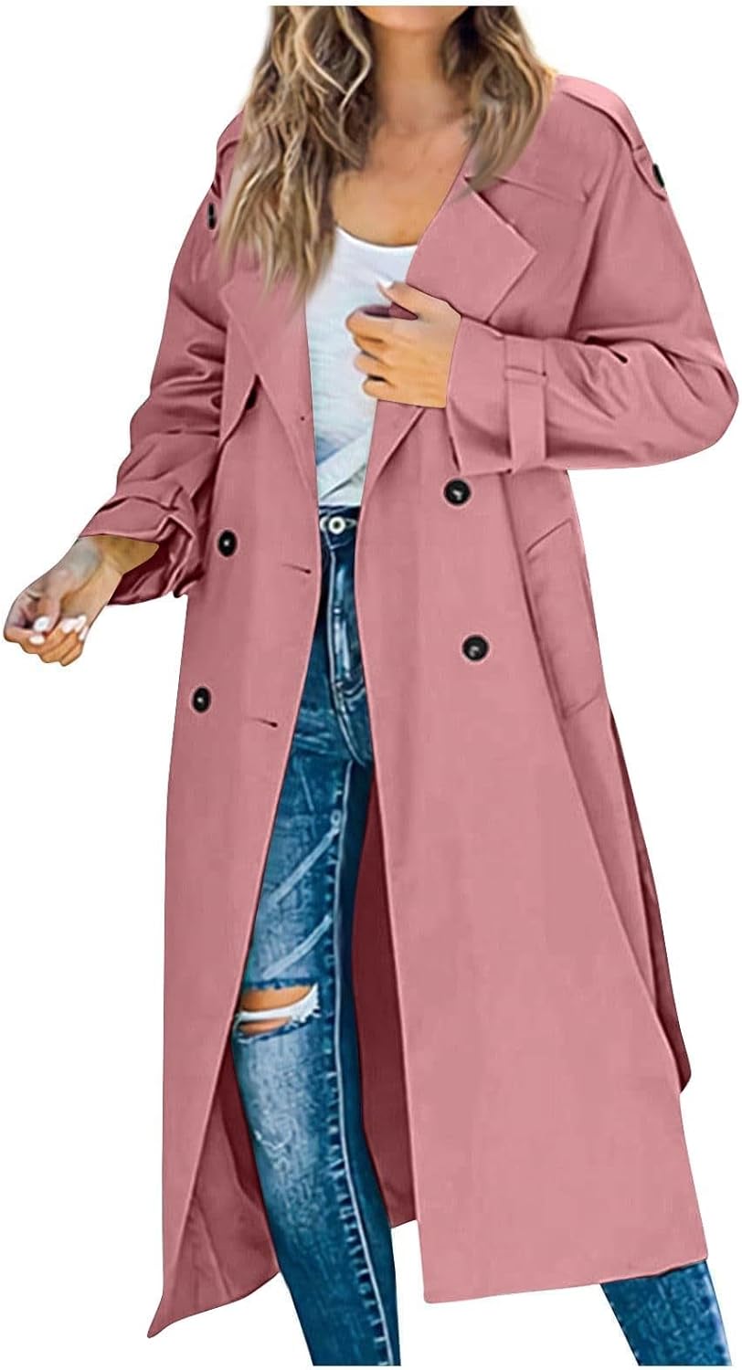 Women's Trench Coat Double Breasted Long Trench Coats 2025 Fall Windproof Classic Lapel Overcoat with Belt