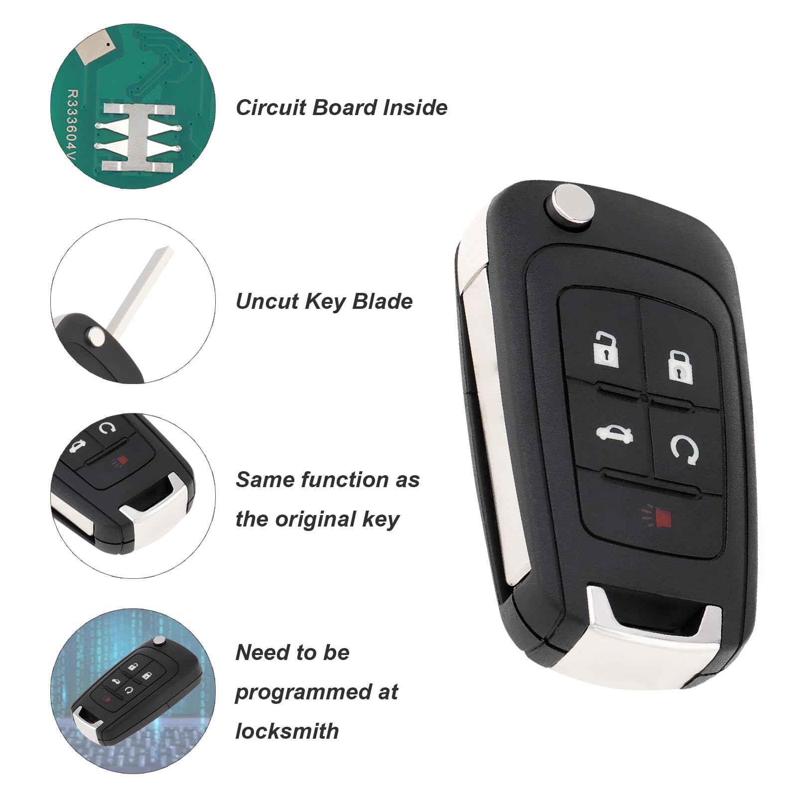 Key Fob Replacement For Chevy, GMC, Buick - 4 Button Remote Key, 315MHz, Fits Cruze, Camaro, Equinox, More (OHT01060512) - View #4