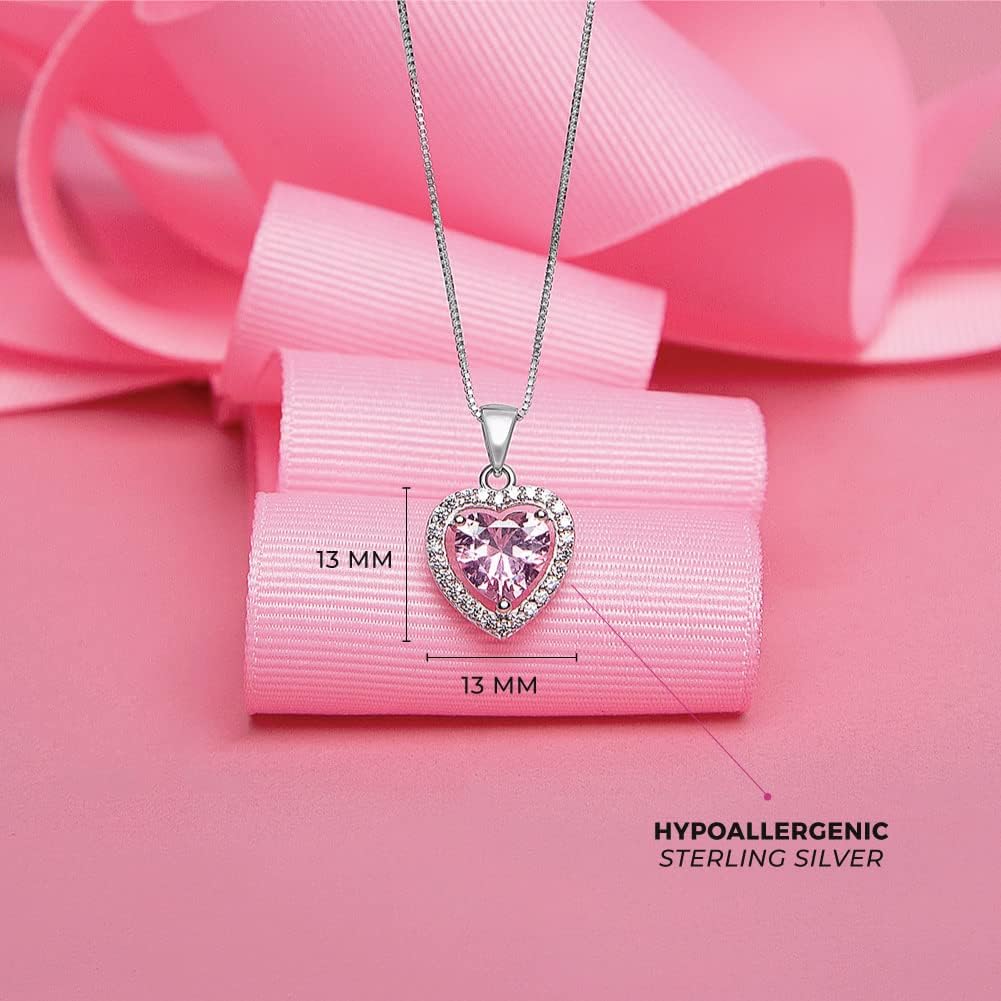 925 Sterling Silver Tiny Heart & Round Cubic Zirconia Pendant Necklaces for Young Girls - Lovely Shape Charm Necklaces for Little Girls & Preteens - Shiny Beautiful CZ Pendant Necklace for Children
