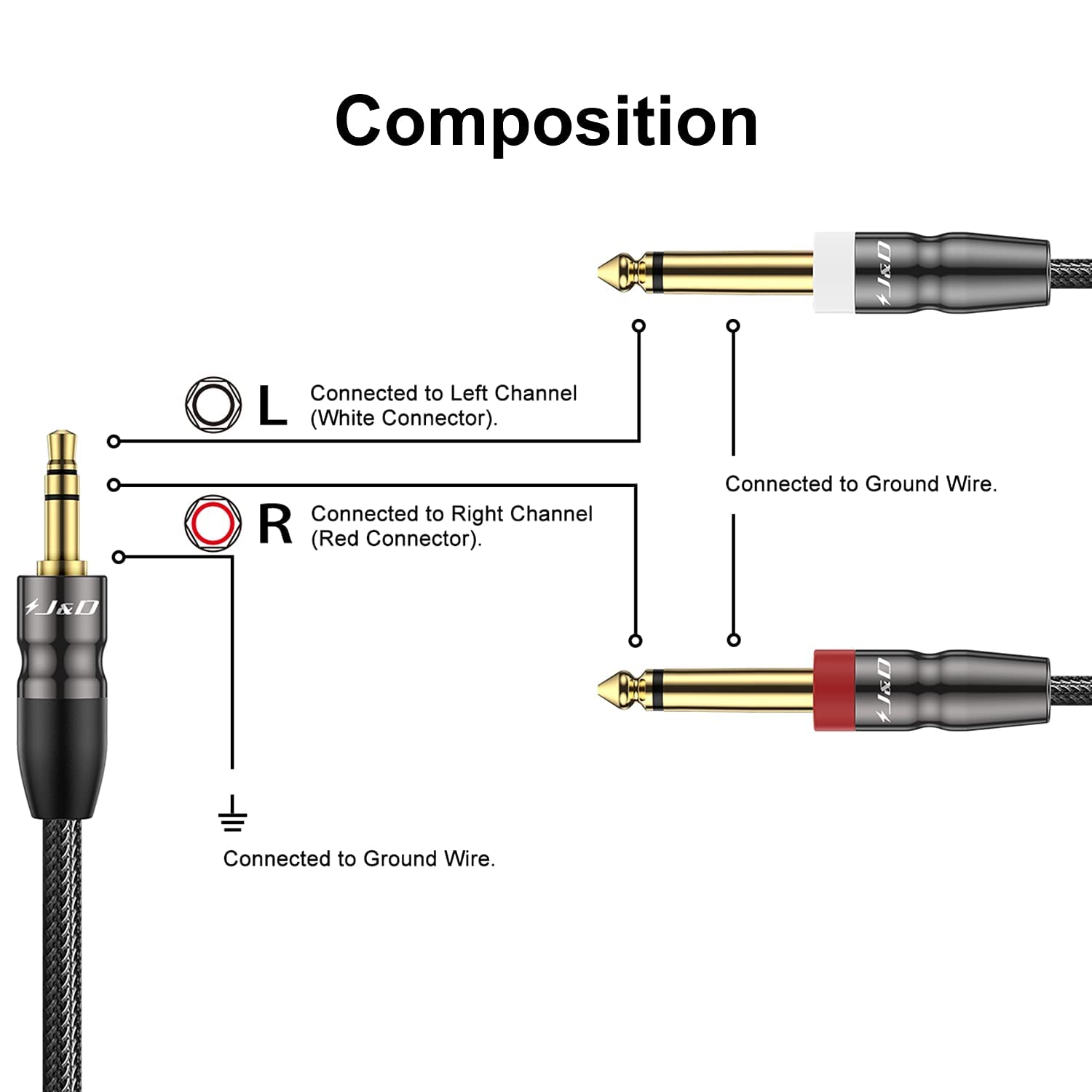 J&D Kabel jack 3,5 mm na 2 x 6,35 mm 3 m, 3,5 stereo AUX do 2 x męskich, duży adapter audio mono Y rozdzielacz do miksera, wzmacniacza, miksera, nagrywarki audio, gitary
