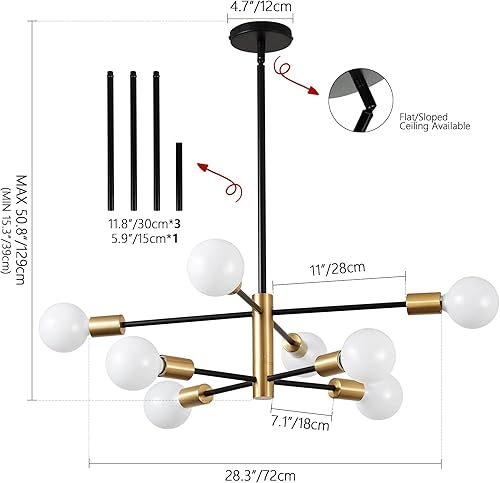 Miniatura 10 de KAISITE Sputnik Chandelier Modern Gold Chandelier 6-Light E26 Mid Century Ceiling Light Fixture Height Adjustable Hanging Pendant Lighting for