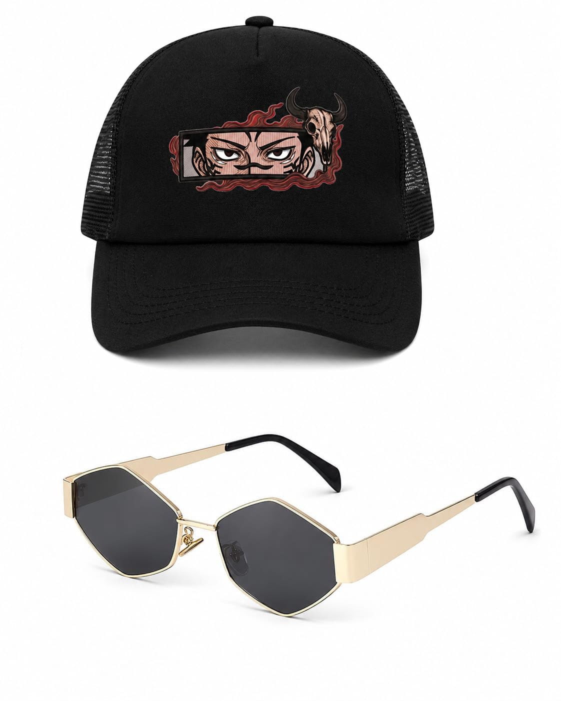 Unisex Black Trucker Cap & UV Protected Hexagon Sunglasses Combo-image-16