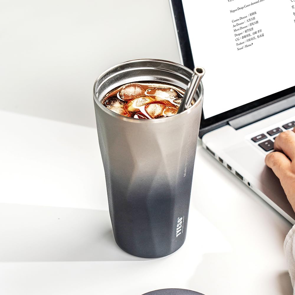 TYESO Stainless Steel Tumbler with straw inside Stainless steel wide-mouth vacuum insulation home office outdoor multi-color thermal insulation and cold insulation cover with 20oz (Sliver) - Image 3