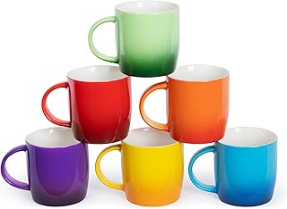 FiNeWaY Set of 6 Stoneware Multicoloured Ombre Mugs - Durable Dishwasher & Microwave Safe Coffee & Tea Cups, Colourful Gradient China Mugs - 325ml Large Capacity
