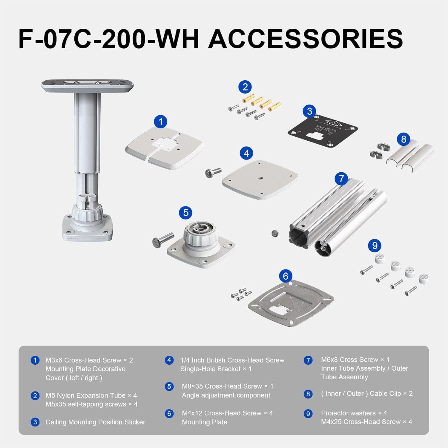 Jomard Projector Mount with ¼-Inch Screw & 6.2"-9.2" Adjustable Length | Universal Projector Ceiling Mount Bracket | Adjustable Angle for Ceiling/Wall Installation,White
