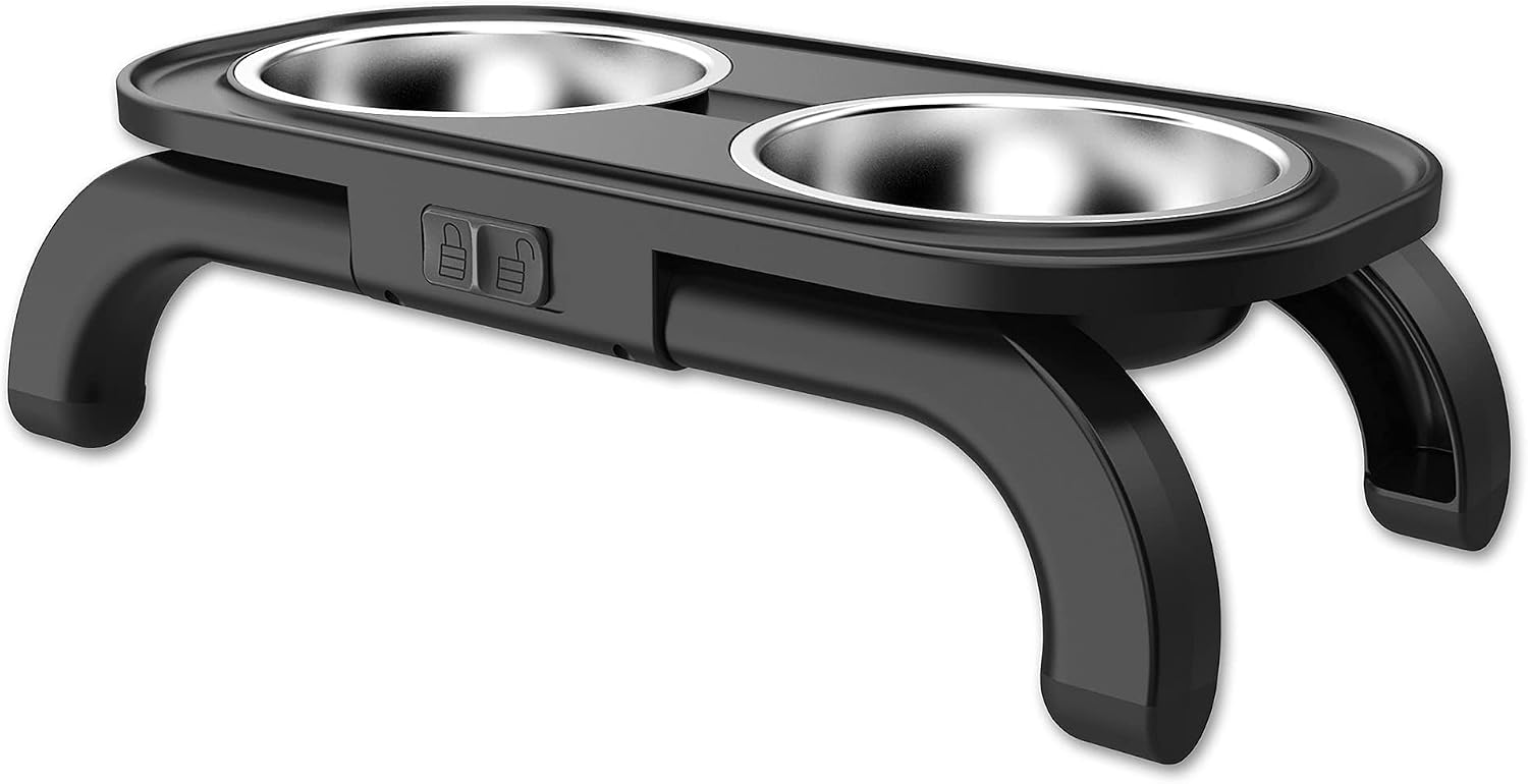 Adjustable Height Raised Pet Bowl for Cats and Small Dogs with Two 1.5 L Stainless Steel Bowls, 15° Tilt, and Non-Slip feet