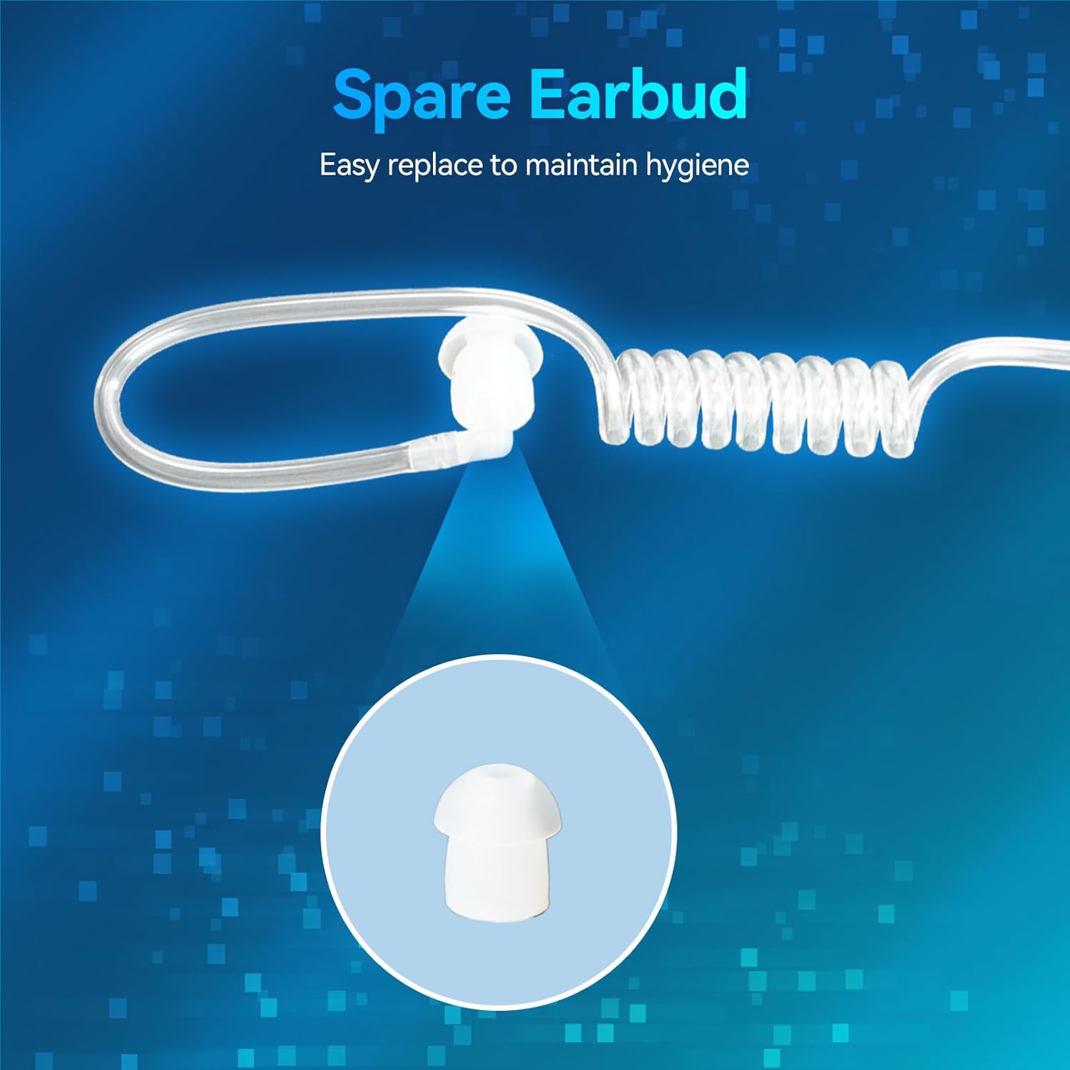 Image showing a spare earbud being replaced on the acoustic tube, emphasizing ease of replacement for hygiene.