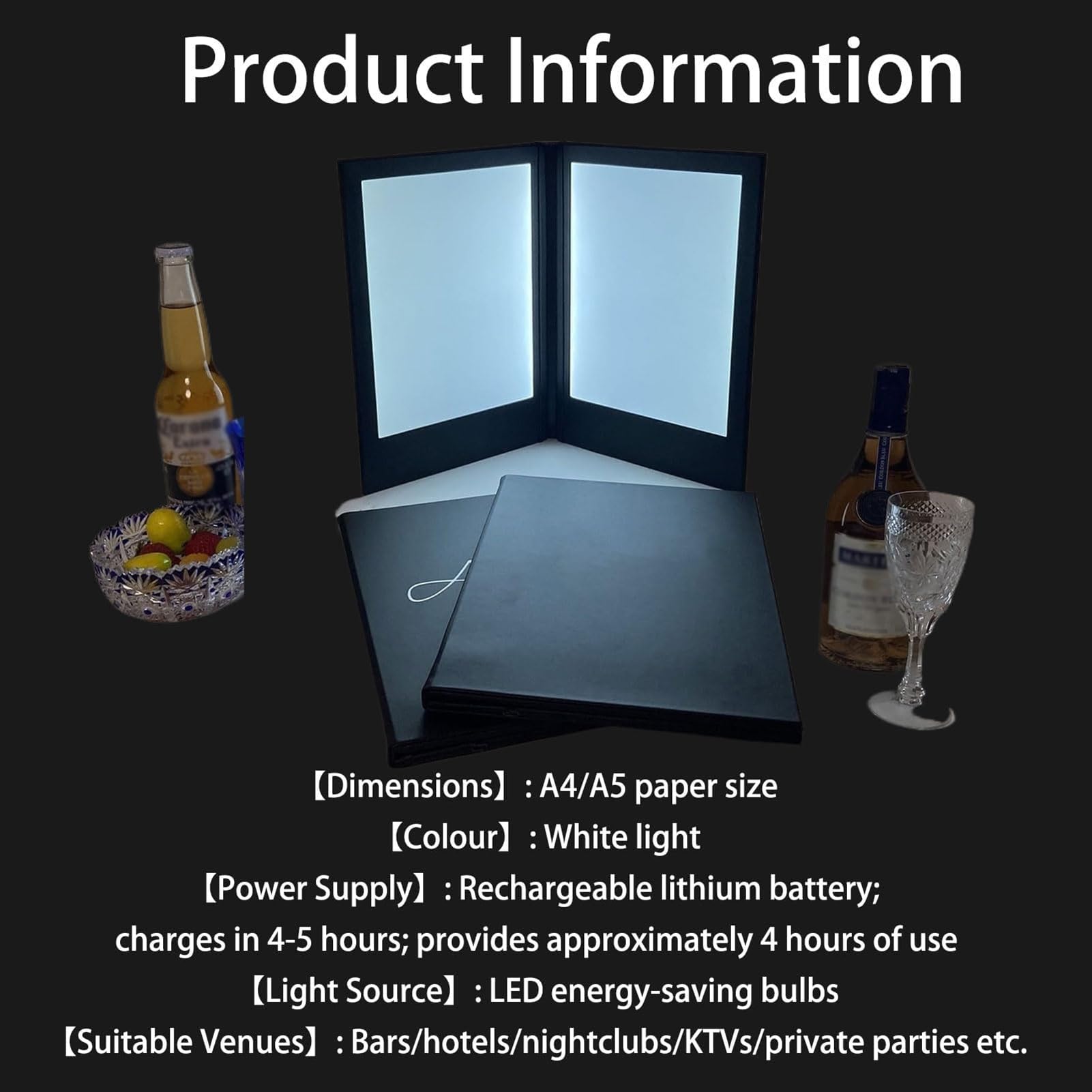 Soporte de menú iluminado LED, cubierta retroiluminada recargable, doble panel plegable para restaurantes, bares, hoteles, cenas finas
