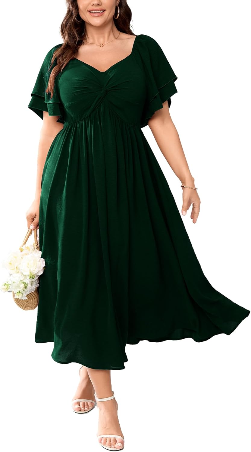 SCOMCHIC Women's Plus Size Wedding Guest Cocktail Dresses Sweetheart Neckline Ruffle Sleeve A Line Maxi Dress