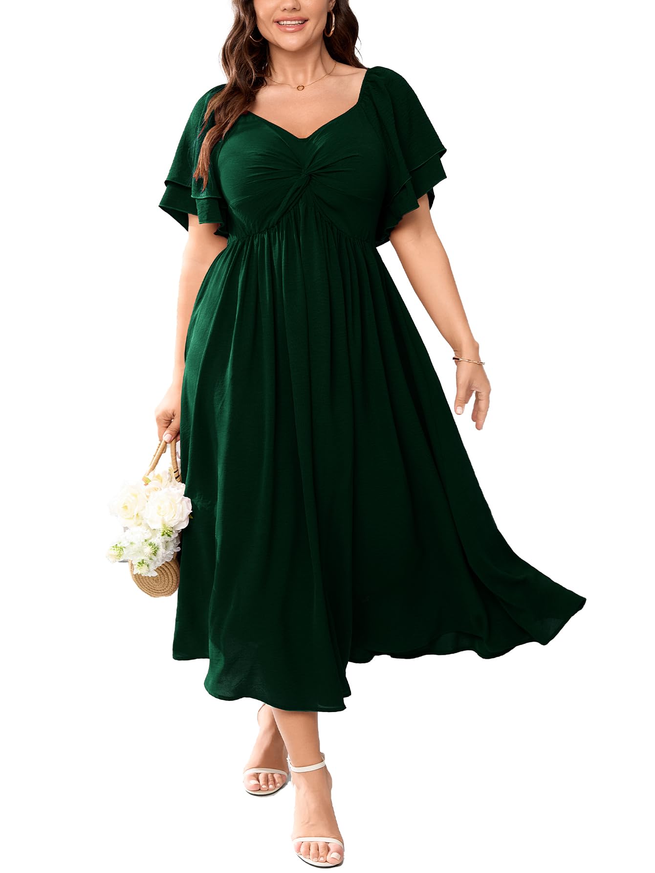 SCOMCHIC Damenkleid in Übergröße, Kleid für Hochzeitsgäste, Cocktailkleider, Sweetheart-Ausschnitt, Rüschenärmel, A-Linie, Maxikleid