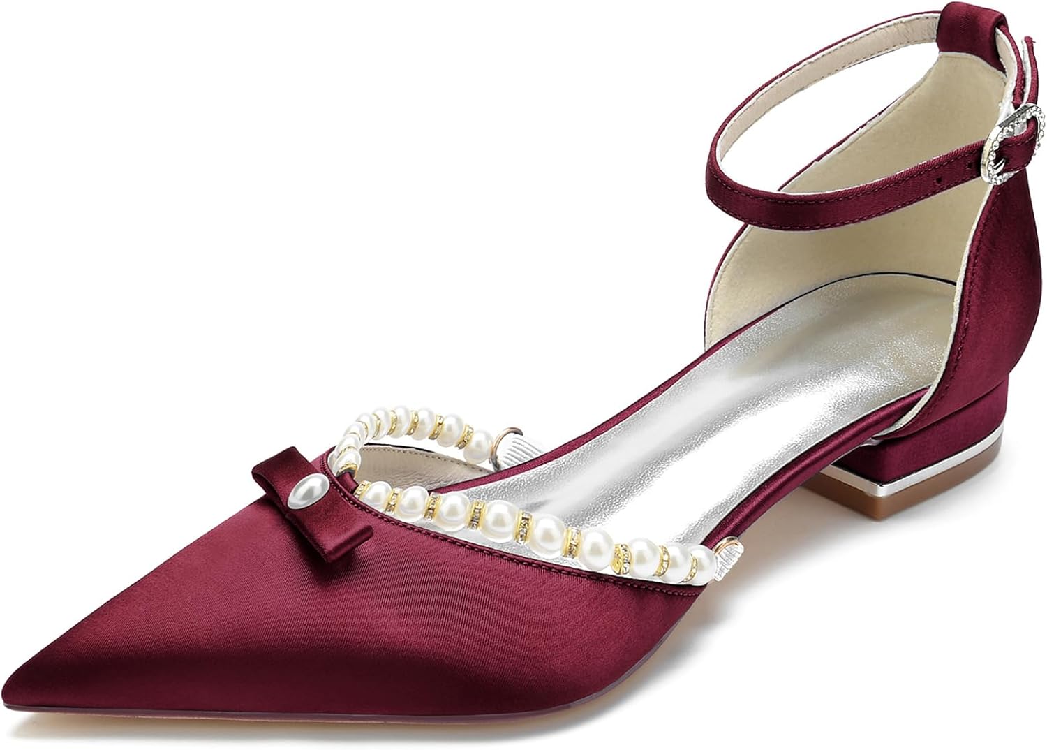Women's Ankle Strap Wedding Shoes for Bride Pointed Toe Wedding Flats Pearl Formal Prom Party Dress Pumps