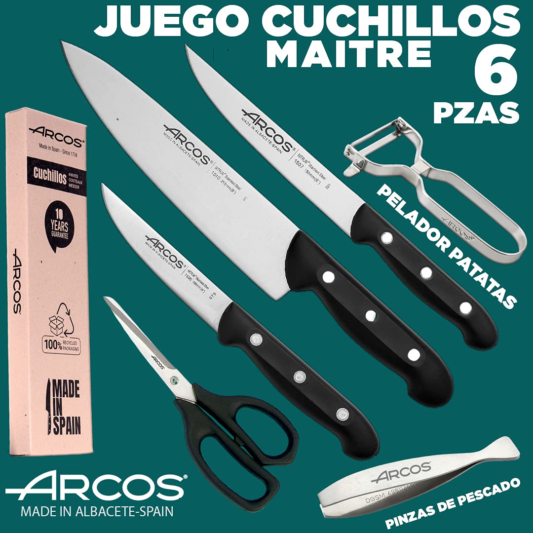 Arcos Juego Cuchillos Cocina cuchillos | Cuchillo profesional | 6 piezas | Chef 215 mm + Cocina 150 mm, Verduras 100 mm + Tijera cocina + Pelador de fruta y verdura + Pinza para pescado