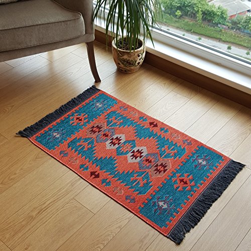 Secret Sea Collection Modern Bohemian Style Small Area Rug, 2' x 3' ft, Cotton, Washable, Reversible (Turquoise-Orange)