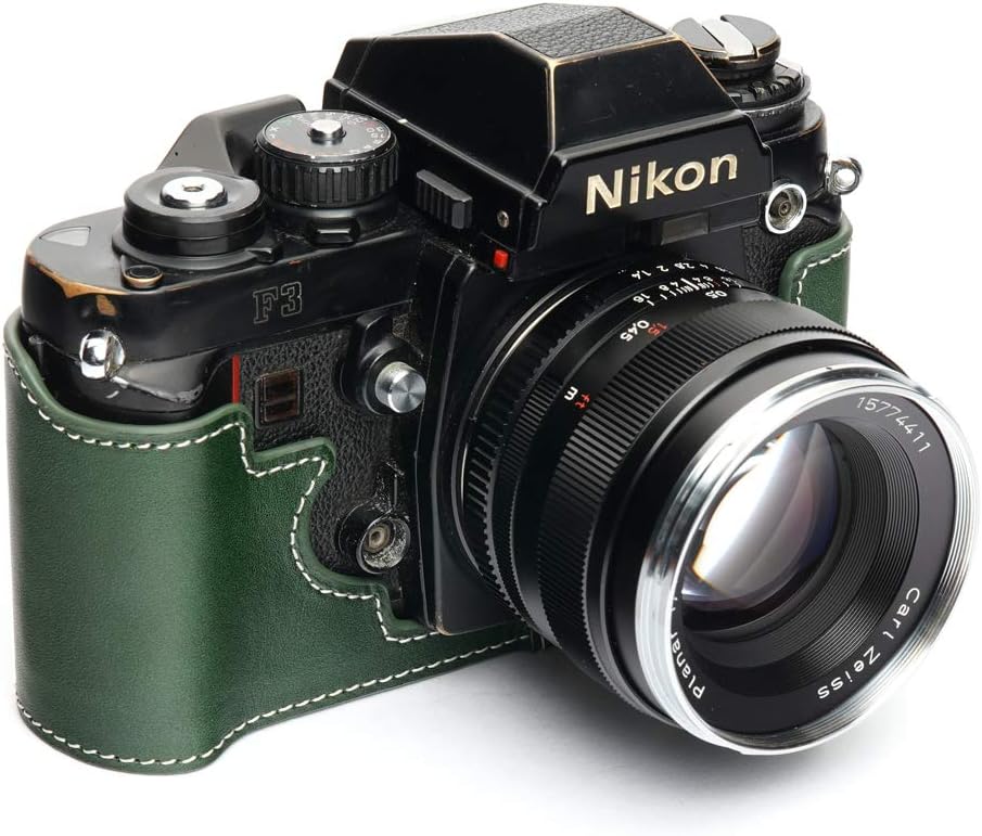 Nikon F3 Case, BolinUS Handmade Genuine Real Leather Half Camera Case Bag Cover for Nikon F3 F3HP F3AF F3T Camera with Hand Strap (Green)