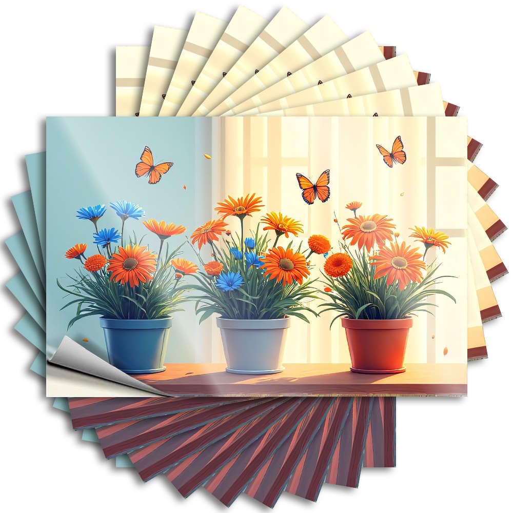 Fzfn Colour Three Pots Of Colorful Flowers With Butterflies Flying Around. Laptop Heavy - Roll Stickers Self Adhesive Sticker(12X18cm)