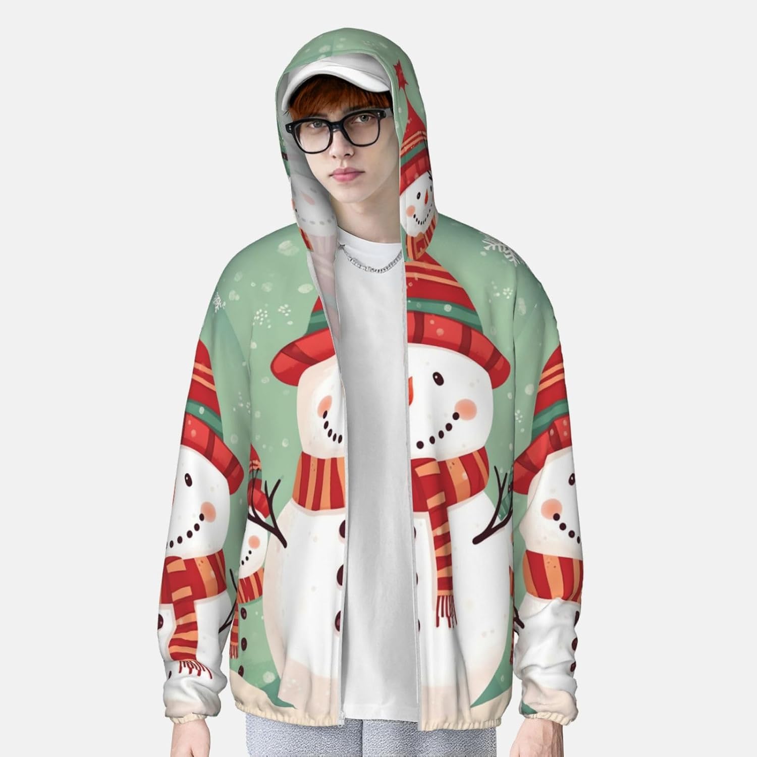 UPF 50+ Merry Christmas Cute Snowman Print Sun Protection Hoodie Jacket Full Zip Long Sleeve Sun Shirt Black