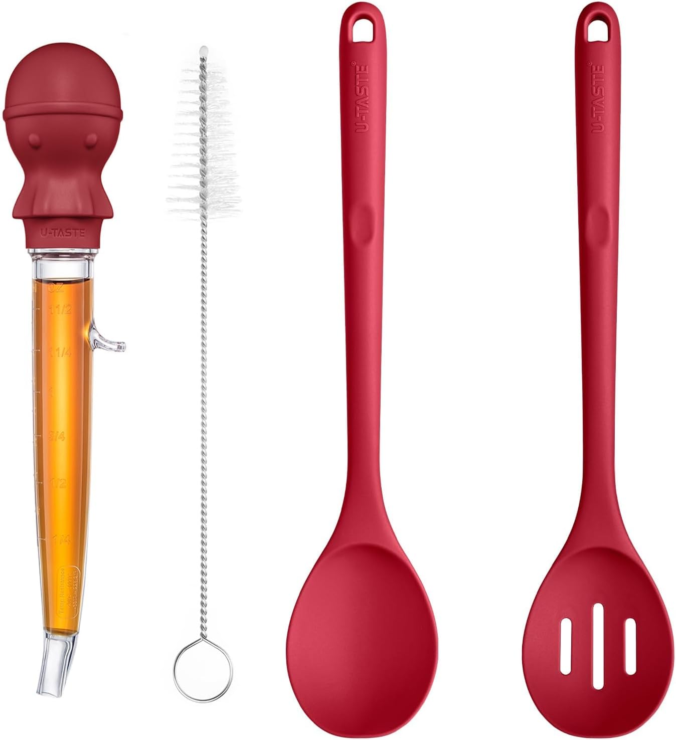 U-Taste 228.2℉ Heat Resistant 1.5 oz Angled Turkey Baster for Basting Meat, and 600℉Heat Proof Long Non-Scratch Silicone Solid & Slotted Set of 2 Cooking Spoon for Mixing & Serving (Red)