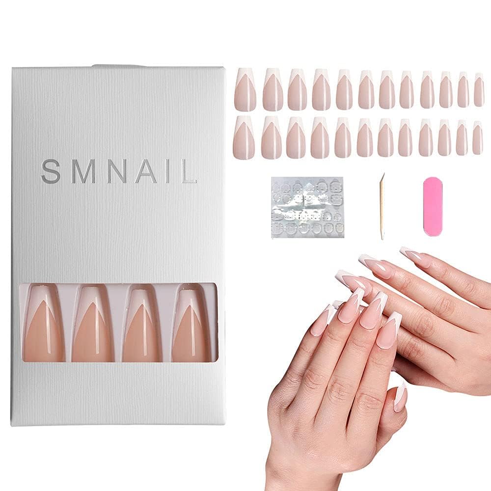 Künstliche Fingernägel Set – 24 Stück French Design, Kurz, Mit Feile & Kleber Für DIY Maniküre