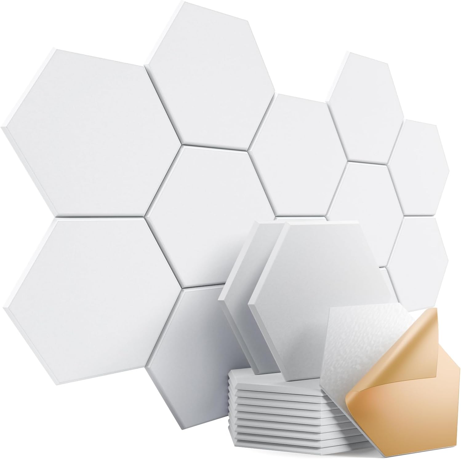 12 Pack Self-adhesive Acoustic Panels 12" X 10" X 0.4" - Sound Proof Foam Panels with High Density, Stylish Hexagonal Design, Flame Resistant, Absorb Noise and Eliminate Echoes(White)