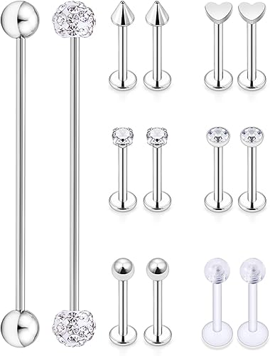 Hoeudjo 14 piezas 16 G 14 G acero quirúrgico Industrial Barbell Cartílago Pendientes Stud para Mujer Hombres labios Piercing Retainer Anillos Tragus