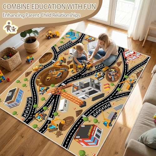 5x7 Ft Construction Site Car Rug Play Mat, Faux Wool Kids Rugs Engineering Car Playmat for Children Toddler, Non Slip City Road Trucks Rug Washable Carpet for Boy Playroom Bedroom Nursery