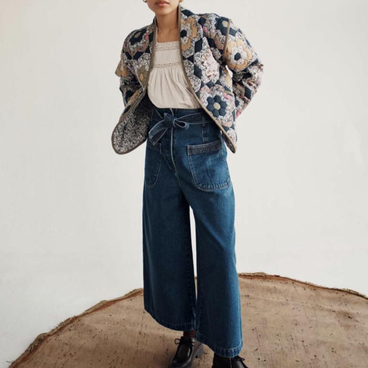 Women's Cropped Puffer Quilted Jacket, Vintage Floral Printed, Lightweight Open Front Short Jacket Coat Outwear