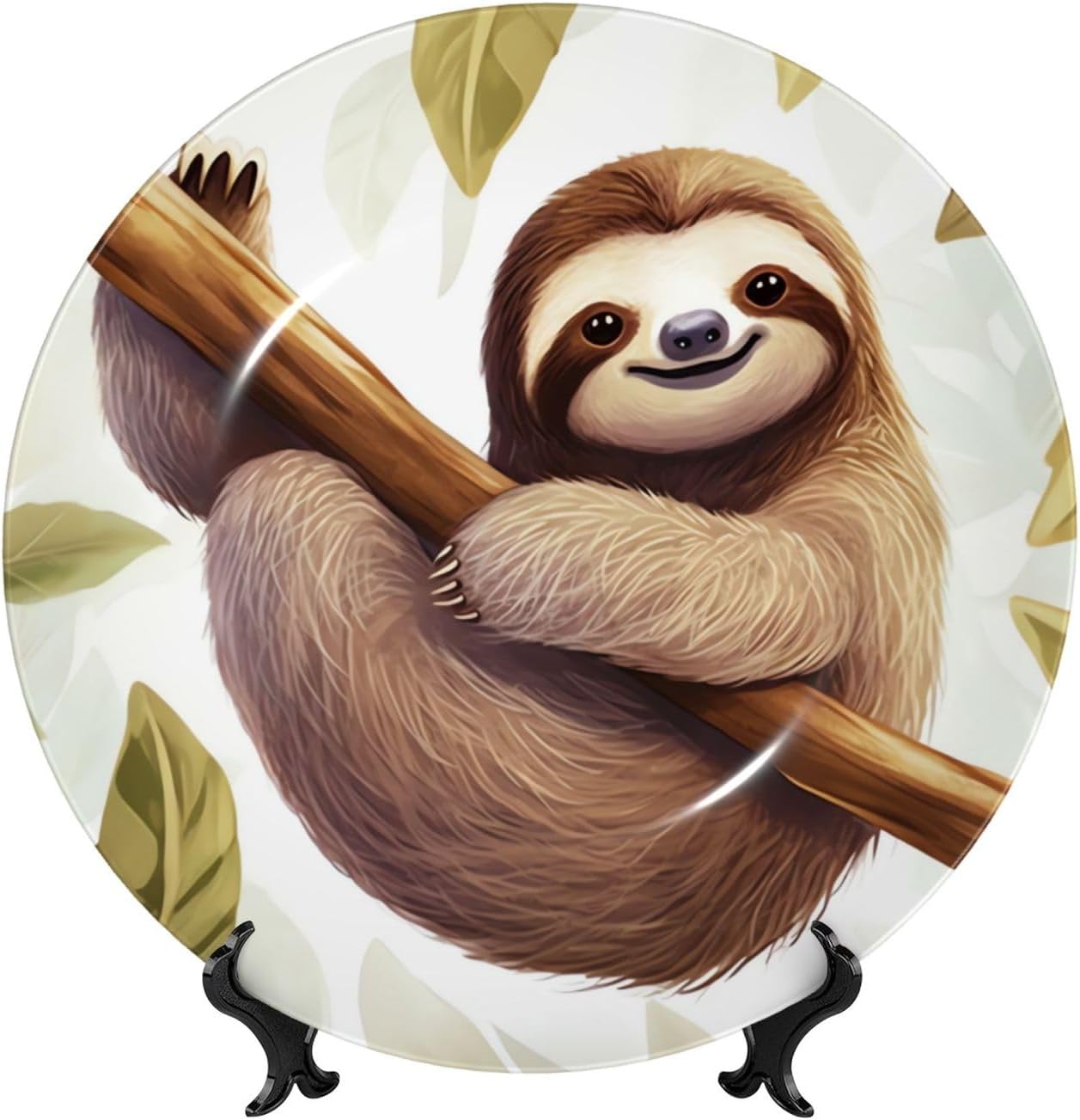 Bone China Decorative Plate with Display Sloth Pictures Ceramic Plates Crafts Art Decor Dessert Plate Ceramic Ornament Porcelain Plates for Living Room Kitchen Table Home Decor