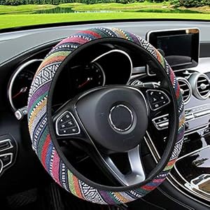 YOGURTCK Cute Boho Steering Wheel Cover Tribal with Aztec Ethnic Style Flax Cloth, Universal 15 Inch for Women Girls, Fit Vehicles, Sedans, SUVs, Vans, Trucks - Colorful