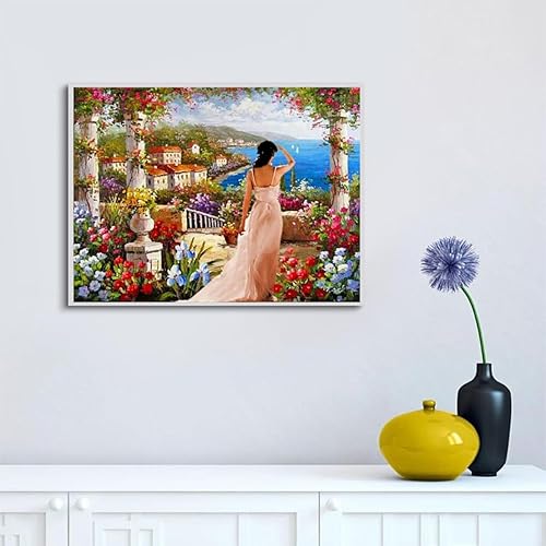 Miniatura 2 de Kits de pintura de diamantes 5D para adultos, redondos, taladradores completos en el jardín junto al mar, decoración de pared para sala de estar,