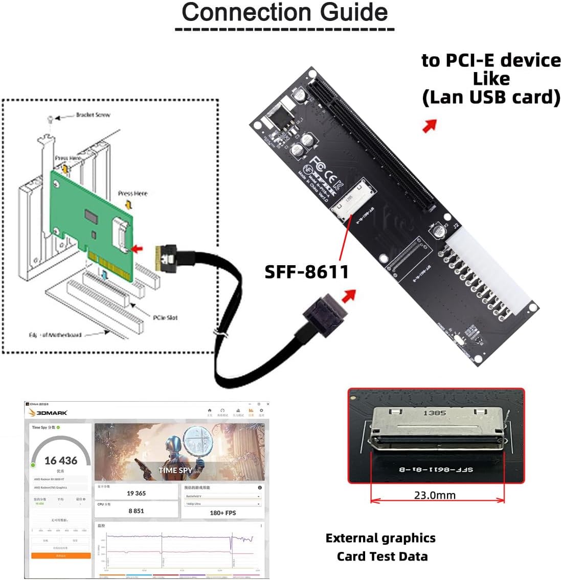 8X Oculink SFF-8612 8611 to PCIE PCI-Express 16x Adapter with ATX 24pin Power Port for Mainboard Graphics Card