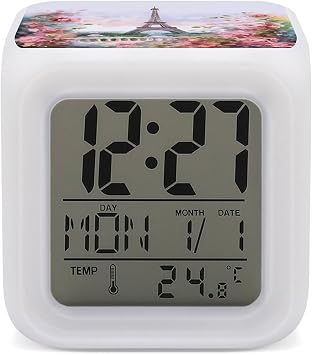 7 Color Changing LED Wake-up Clock,Paris Eiffel Tower with Flowers Printed Home Decoration Multi-Color Night Light Digital Alarm Clock with Temperature Display for Home Office