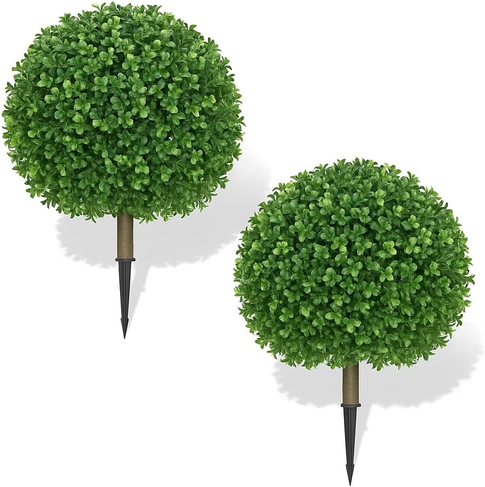 Artificial Tree with Ground Spike, Set of 2 Artificial Shrub Bushes, Fake Evergreen Tree for Porch, Artificial Plants for Outdoor Planters Indoor UV Resistant