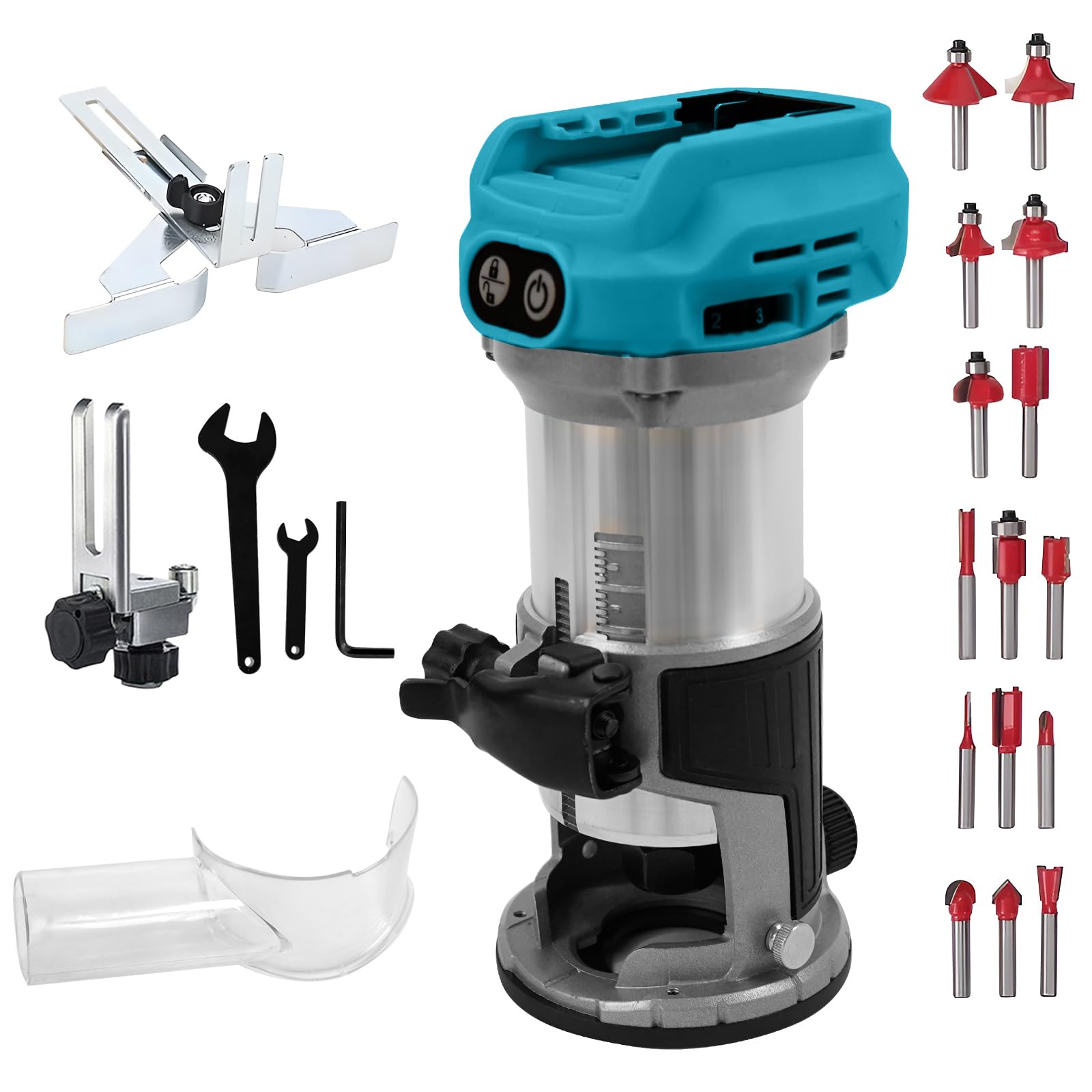 Affleureuse à Bois Défonceuse Électrique 800W Pour Batterie Makita 18V/21V, 10000-30000 RPM, 6 Vitesses Variables, Affleureuse Défonceuse Avec 15 Fraises à Défoncer Queue de 1/3"
