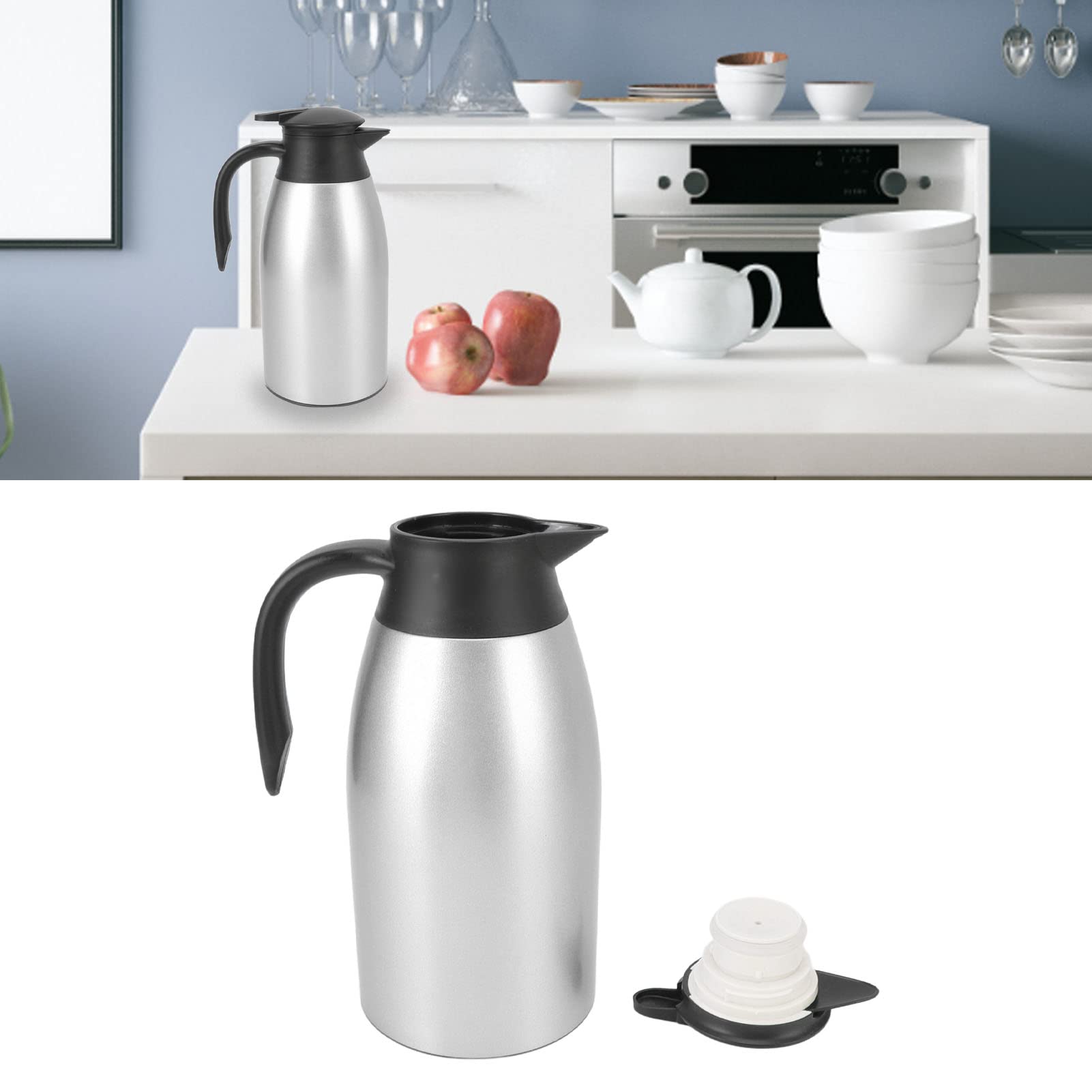 2 Litri Caraffa Termica per Caffè, Caffettiera Sottovuoto Isolante in Acciaio Inossidabile, Brocca Isolante per Caffè, Tè, Bevande e altre Bevande Calde e Fredde(Argento)