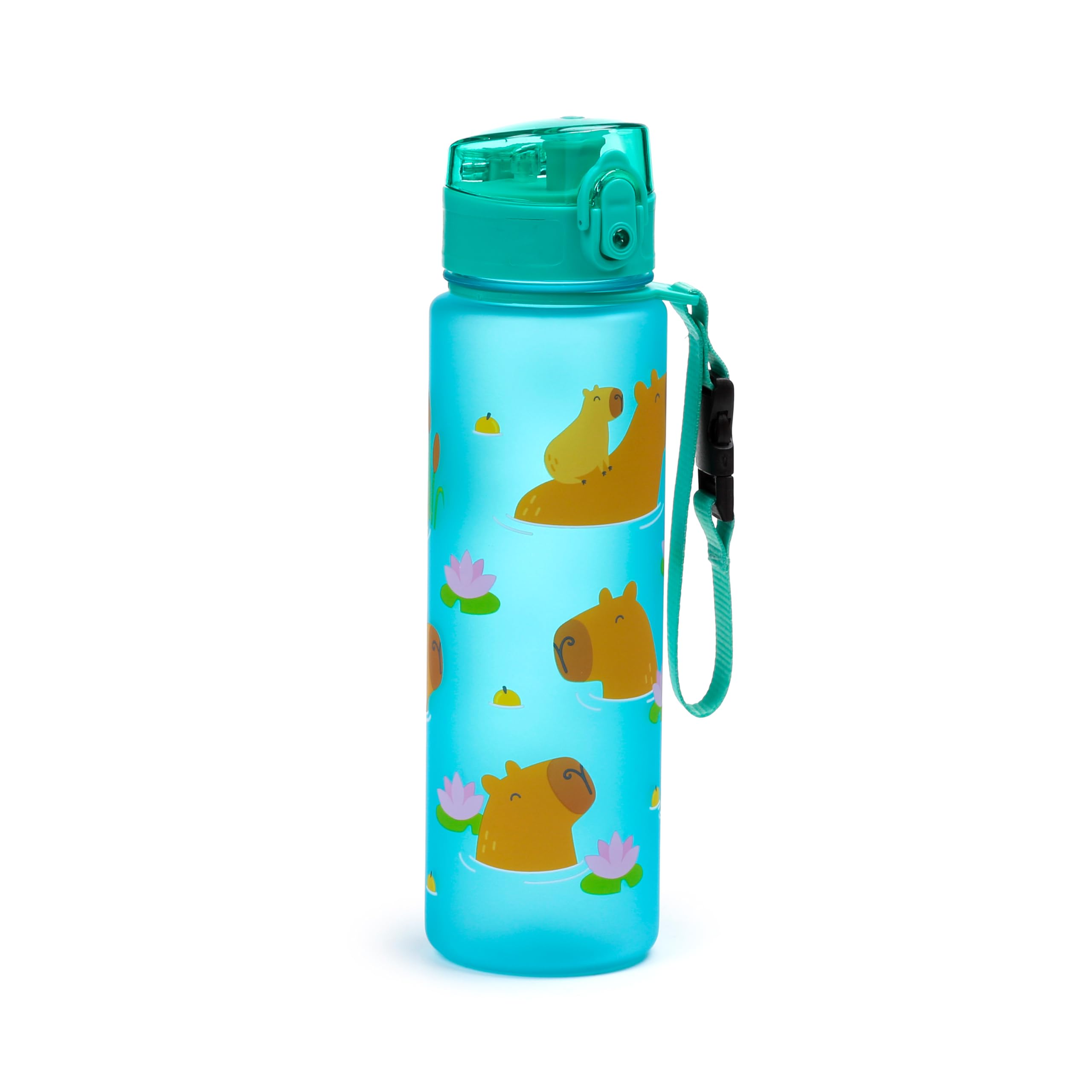 Puckator Capybara Pop Top 600ml Shatterproof Bottle - Reusable Insulated Active Water Bottle Flask For Girls And Boys With A Carry Handle & Straw - Bpa Free - For School Nursery