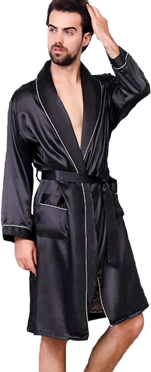 HaseilMen's Satin Robe Dragon Luxurious Silk Spa Long Sleeve House Kimono Bathrobe
