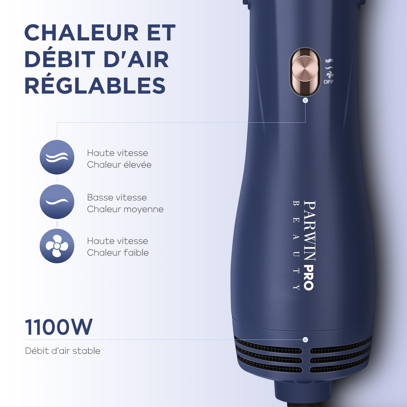 PARWIN PRO BEAUTY Brosse Soufflante 4 en 1, sèche-cheveux | Volume rapide, boucles, lissage, 3 températures, céramique, soin ionique, 1100 watts, Bleu