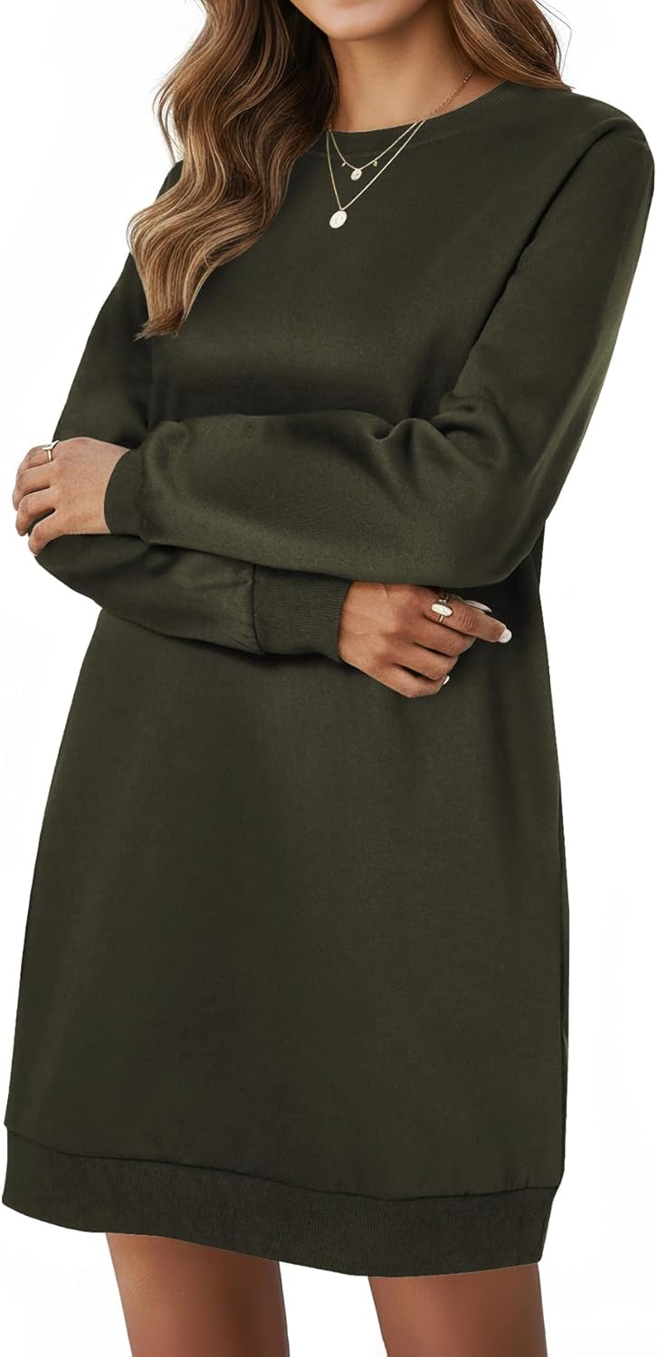 LYANER Women's Sweatshirt Dress Crewneck Long Sleeve Sweat Shirt Loose Fit Mini Dresses with Pockets Army Green Medium - Image 4