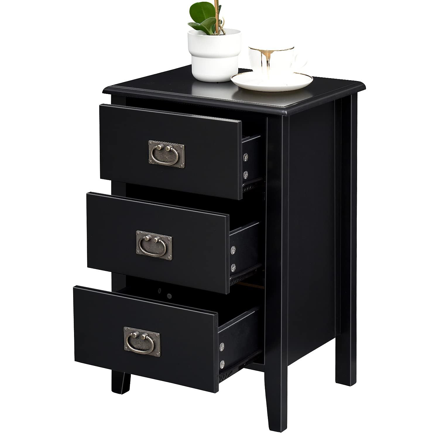 VECELO Bedside Table Modern Nightstands End/Side Cabinet Wooden with 3 Drawers, Metal Knobs and Sturdy Structure for Bedroom/Living Room, Black, 40×30×60cm