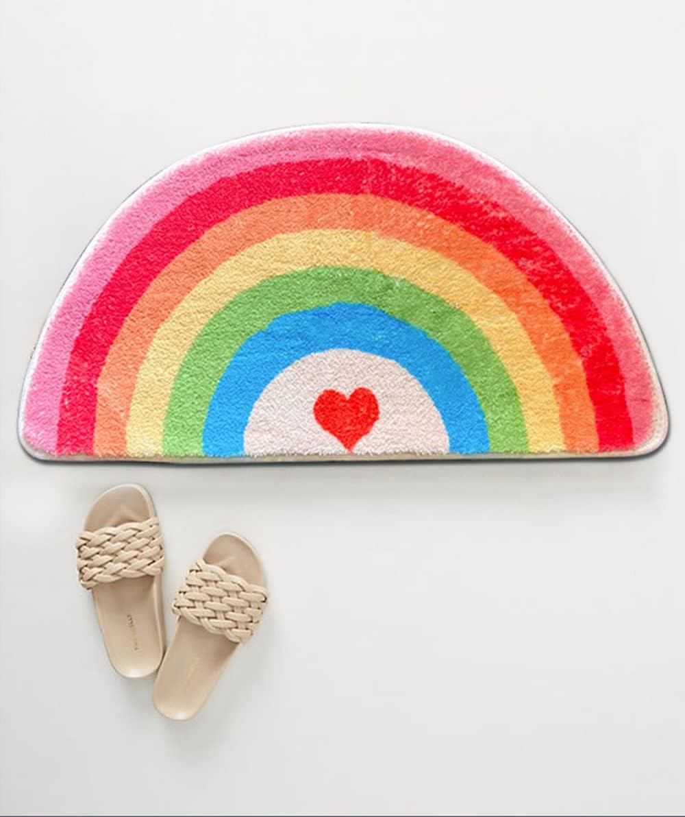 Cute Rainbow Bathroom Rugs Non-Slip Washable Absorbent Plush Microfiber Floor Doormats Bath Mat Super Soft for Entrance Decoration Indoor Water Absorption (45 * 90cm, Rainbow Sugar)