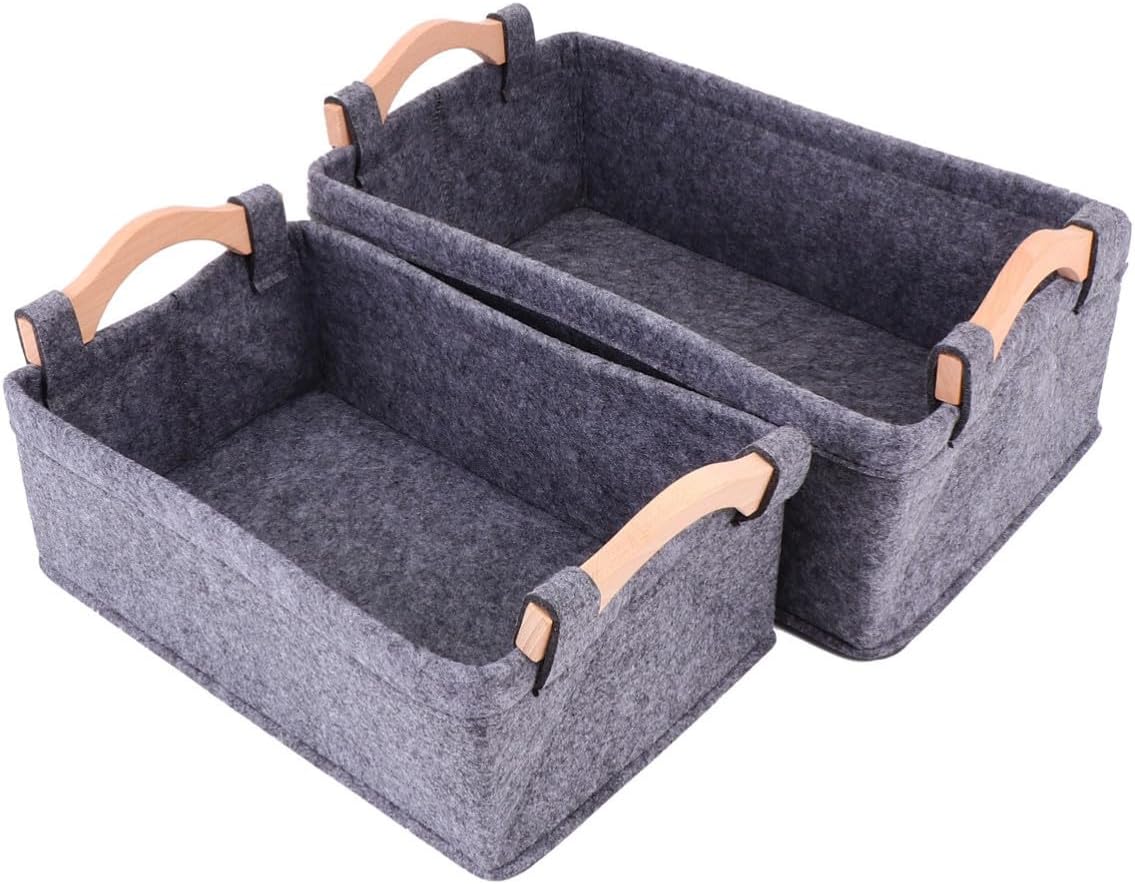 Felt Storage Basket 2pcs with Wood Handle for Home Office Organization
