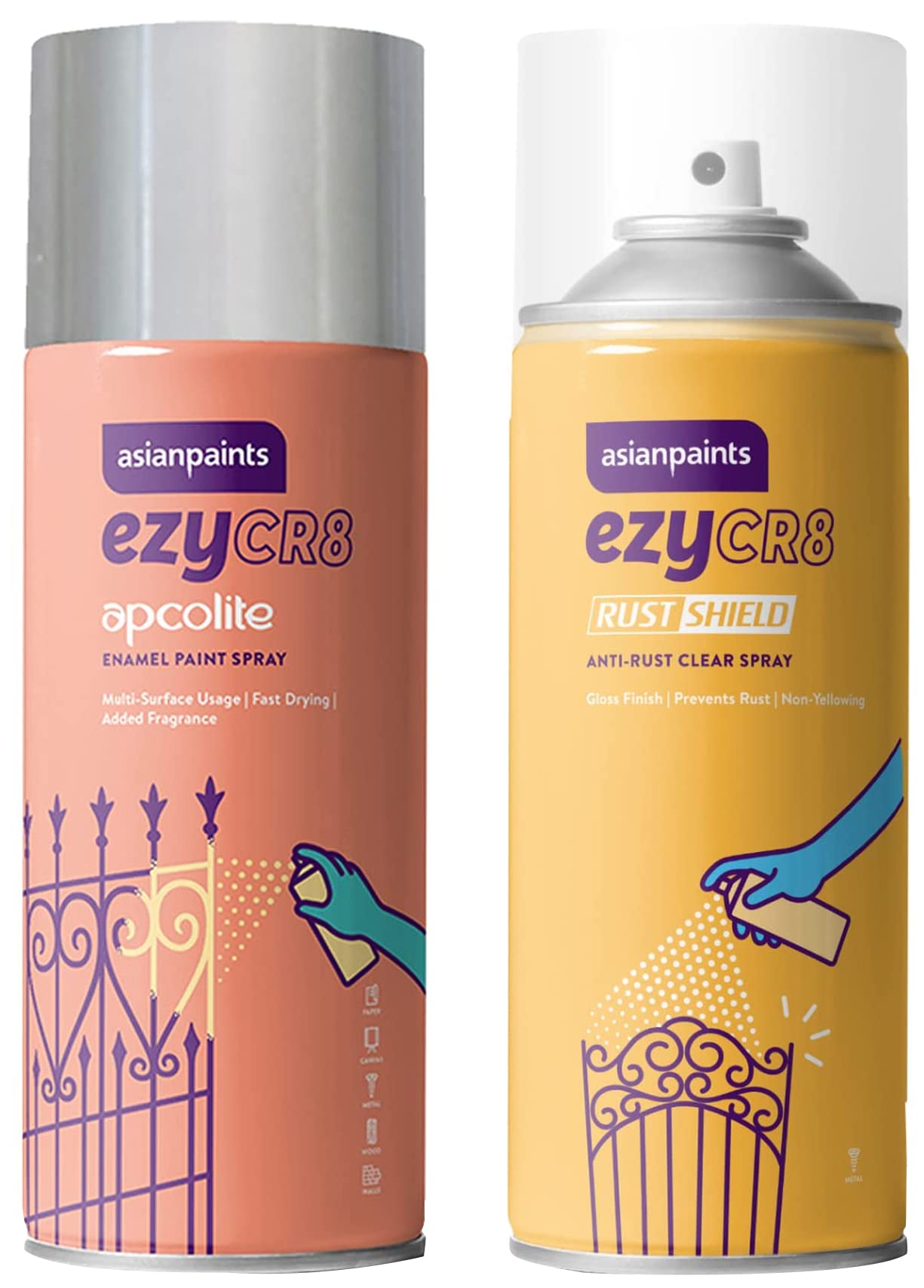 Asian Paints ezyCR8 RustShield, DIY Aerosol Clear Spray for Rust Protection - 400 ml & ezyCR8 Apcolite Enamel Multi-Surface DIY Spray Paint for Metal, Wood, Wall (Silver, 400ml Can)